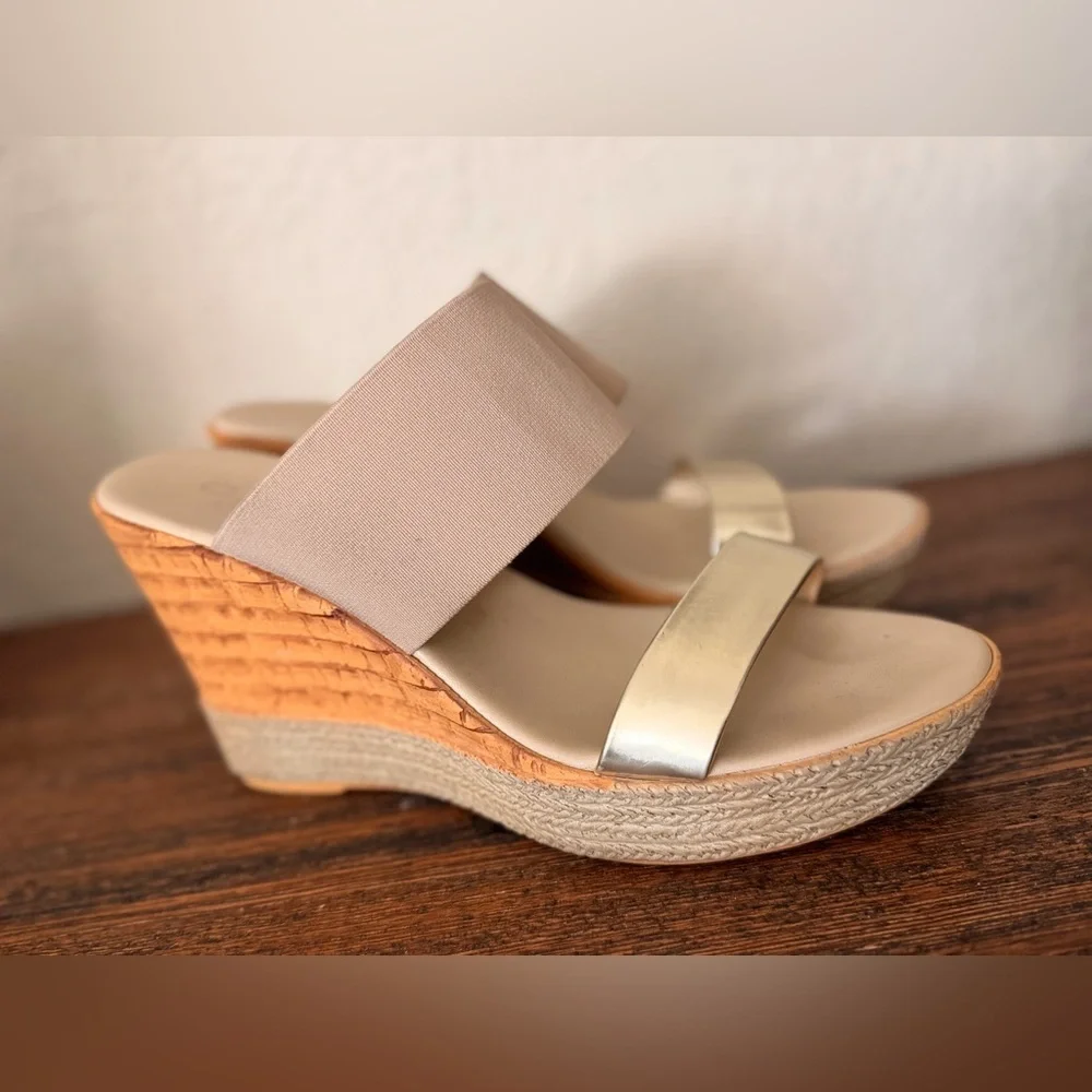 Contesa sandals, a beige fabric & golden wedges made in Italy Sz10